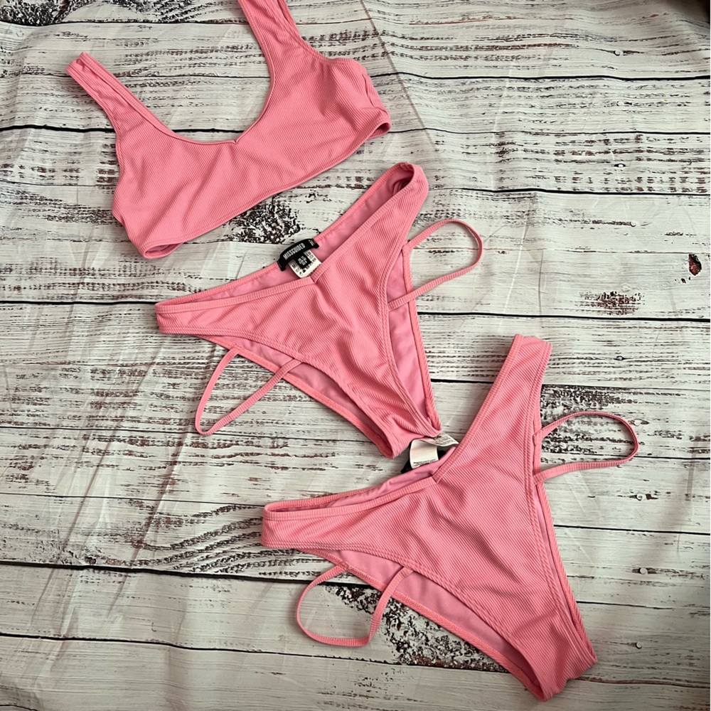 Missguided Pink Rib Bikini Top and V Front Strappy Bottoms